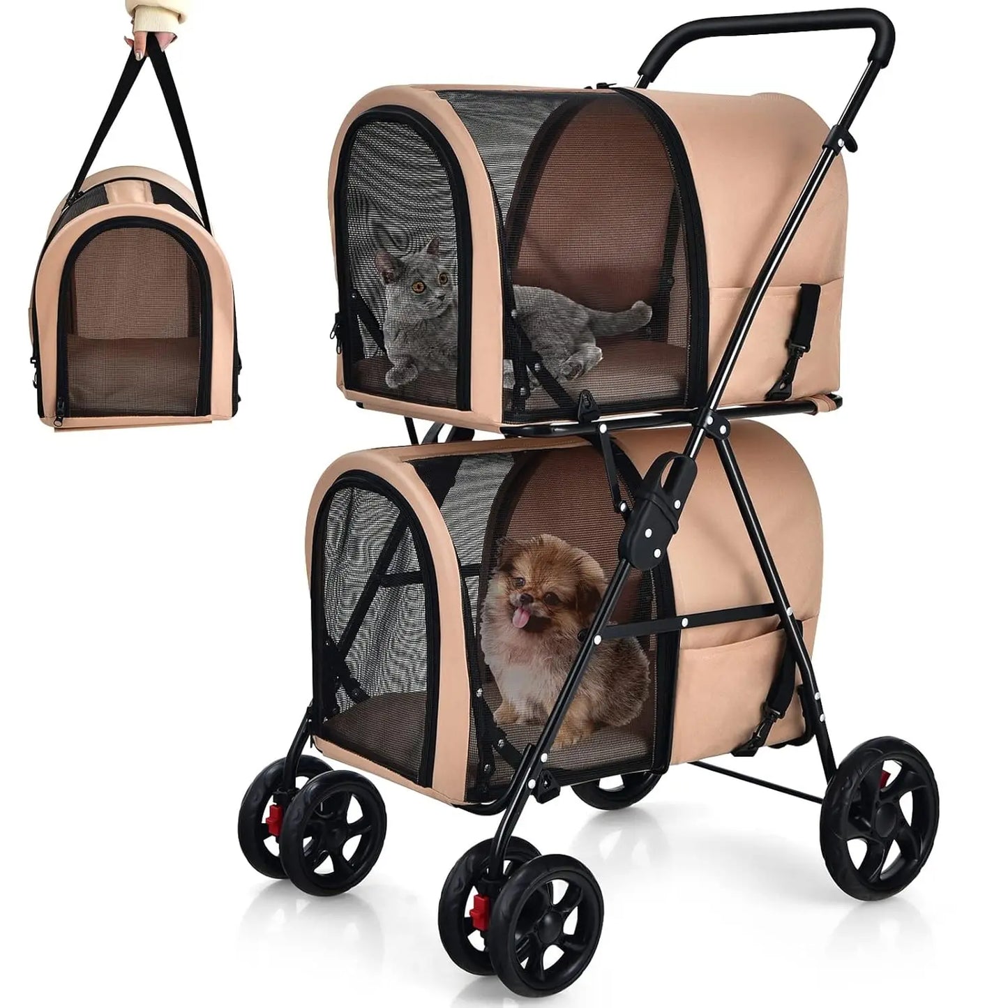 Double Pet Stroller With Two Detachable Carrier Bags