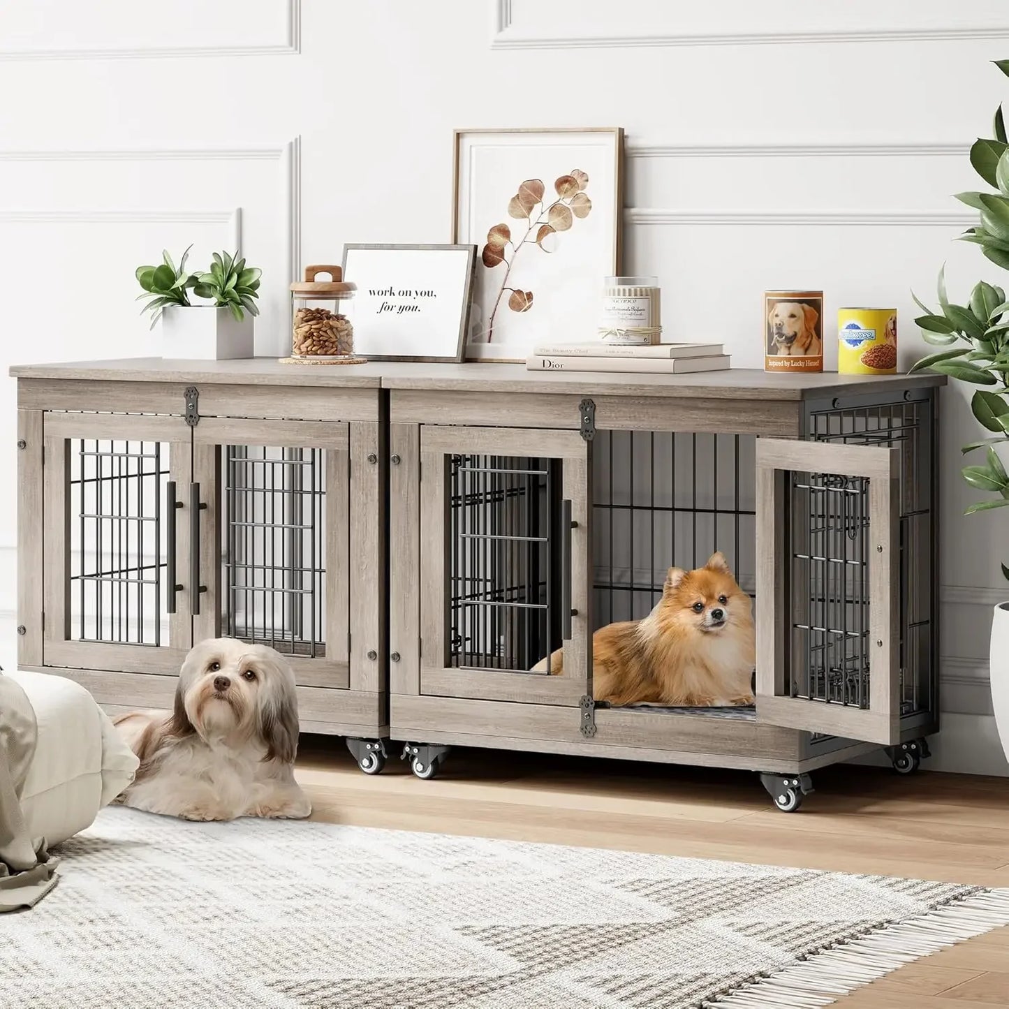 Wooden Dog Crate End Table With Cushion And Wheels Durable
