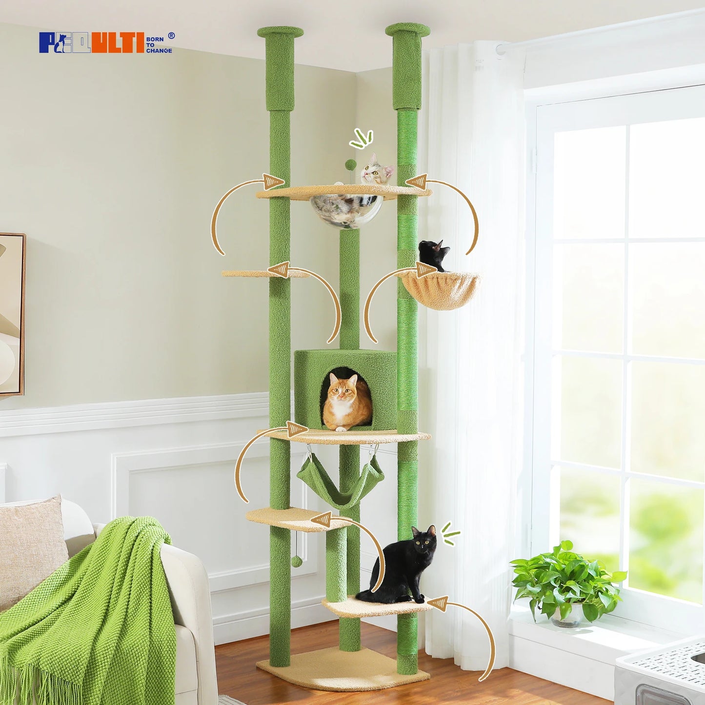 Tall Floor Ceiling Cat Tree with Scratching Posts Hammock