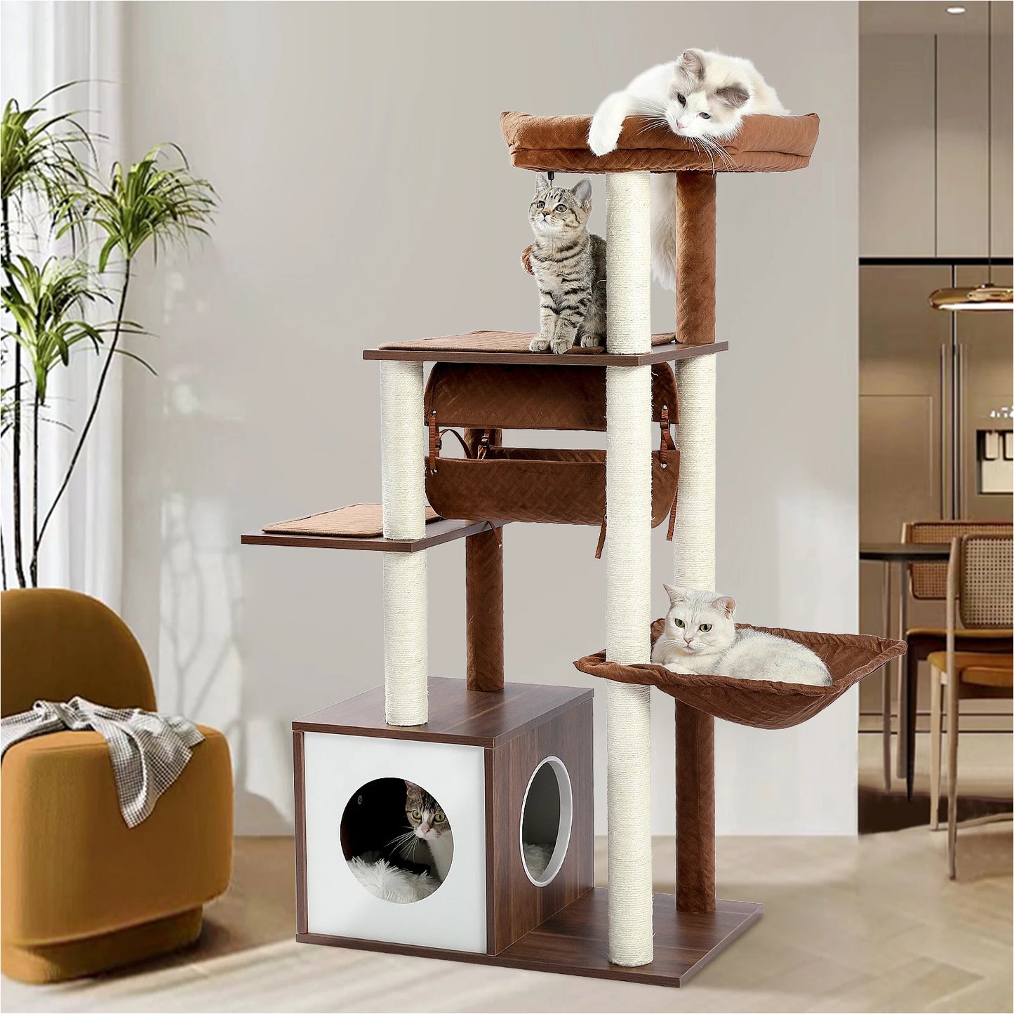 Modern Wooden Cat Tree With Tunnel And Scratching Post