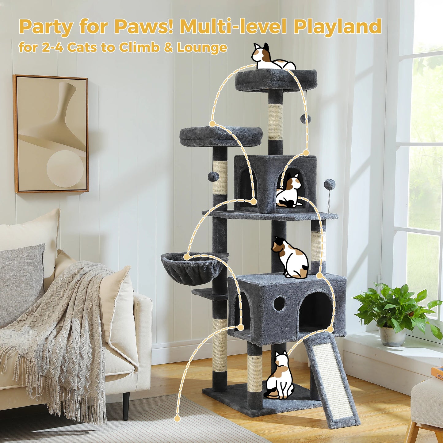 Multi Level Cat Tree Tower With Sisal Scratch Post Hammock
