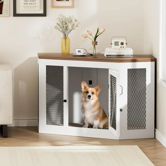 Corner Wood Dog Crate End Table With Mesh Kennel For Pets