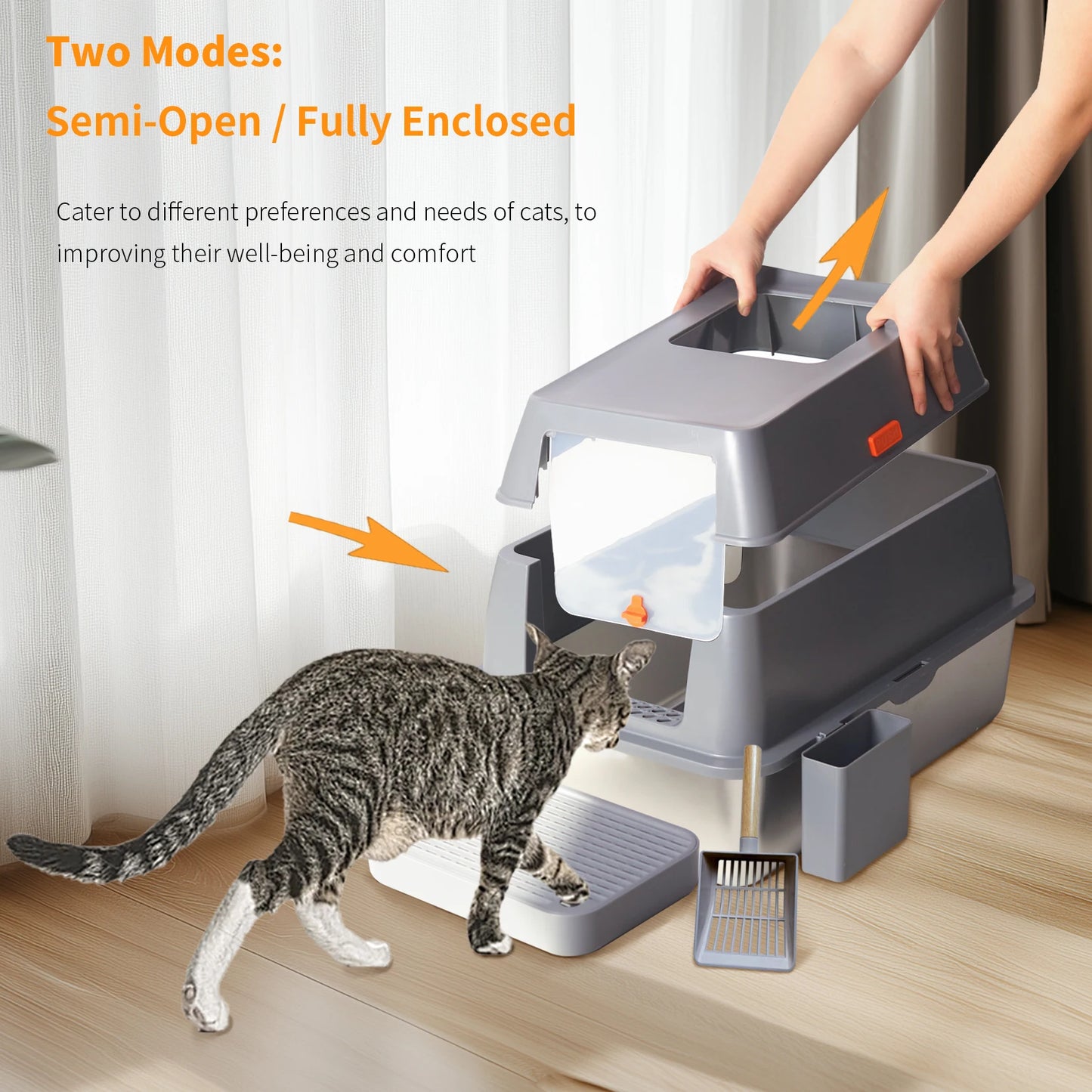 Enclosed Stainless Steel Cat Litter Box With Lid For XL Cats