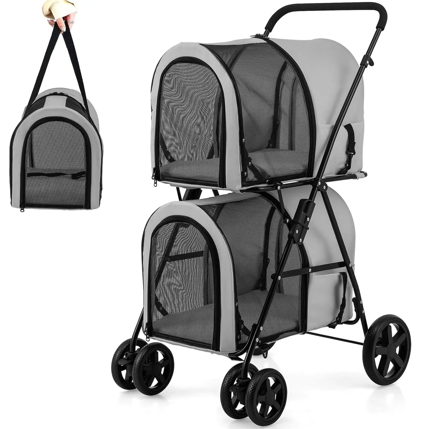Double Pet Stroller With Two Detachable Carrier Bags