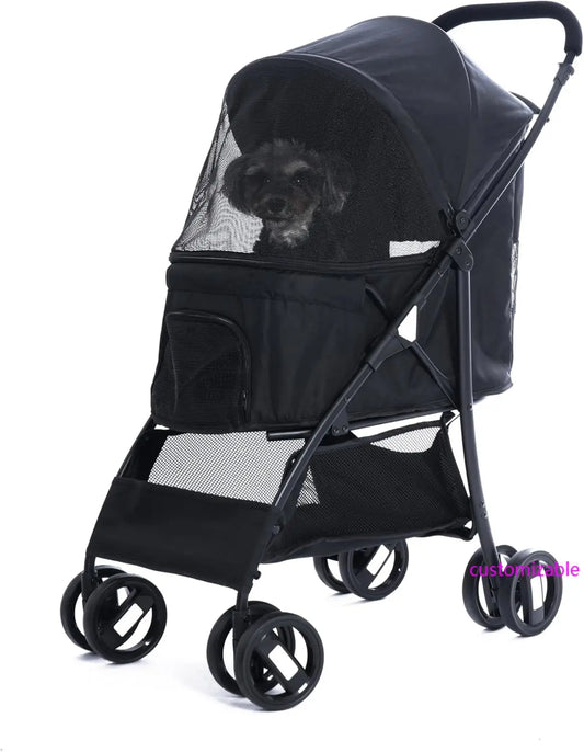 Foldable Pet Jogger Stroller With Weather Cover And Basket