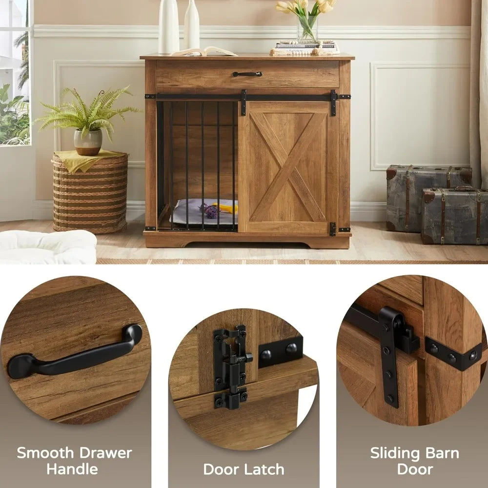 Farmhouse Style Dog Crate With Drawer And Sliding Barn Door