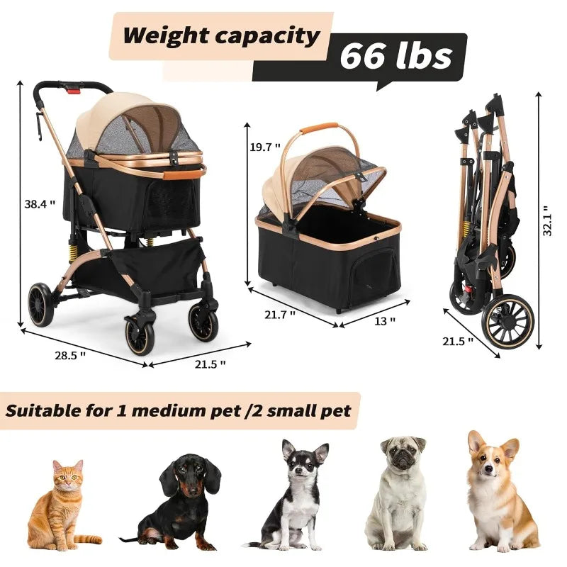 4 Wheel 3 In 1 Foldable Pet Stroller For Small Dogs Black
