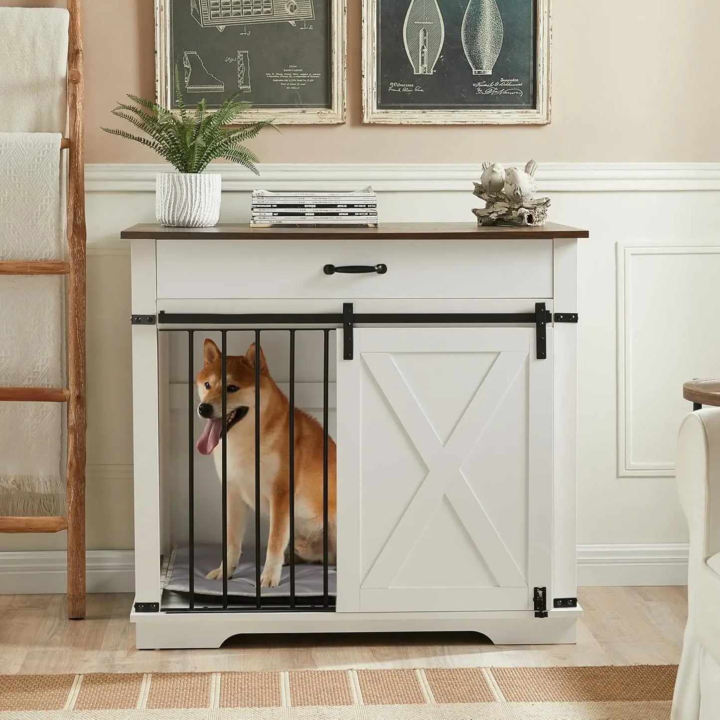 Farmhouse Style Dog Crate With Drawer And Sliding Barn Door