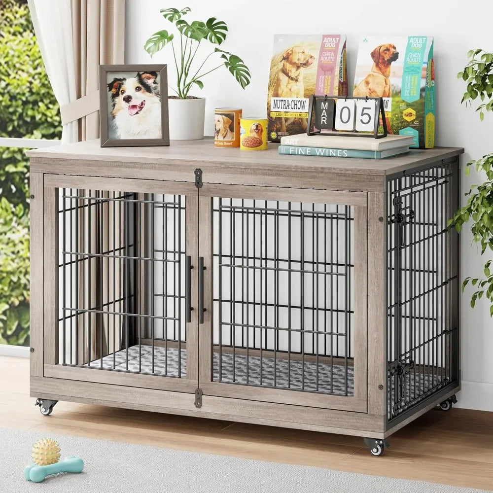 Wooden Dog Crate End Table With Cushion And Wheels Durable