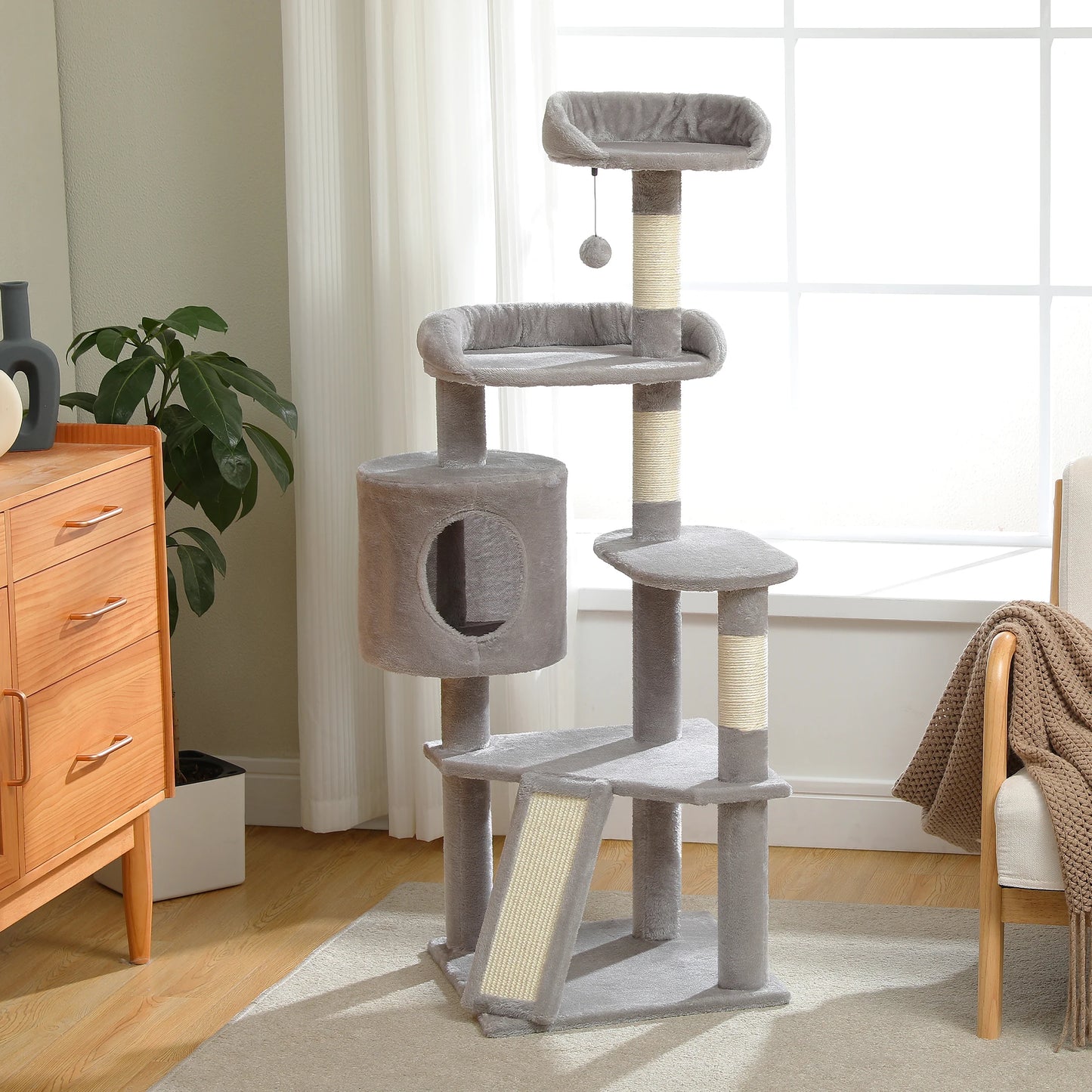 51 Inch Multi Level Cat Tree With Scratching Ramp For Cats