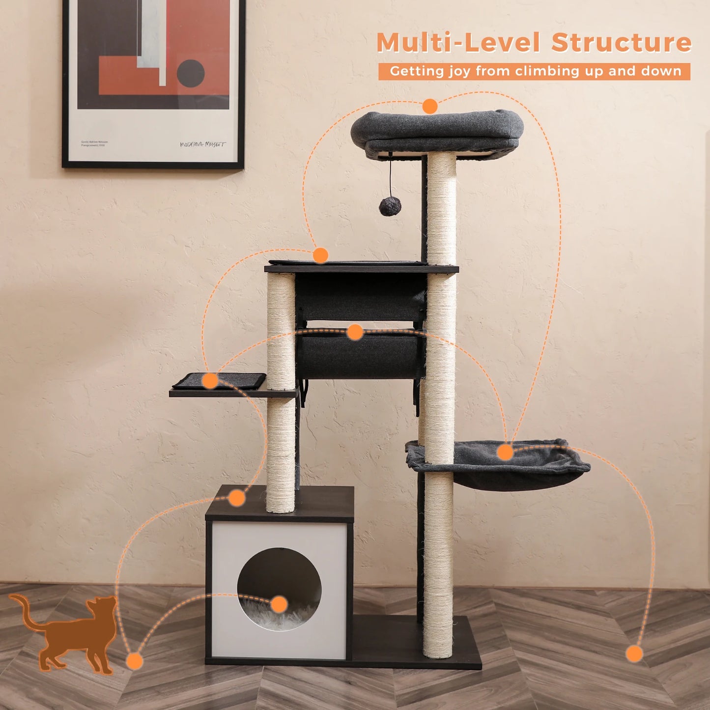 Modern Wooden Cat Tree With Tunnel And Scratching Post