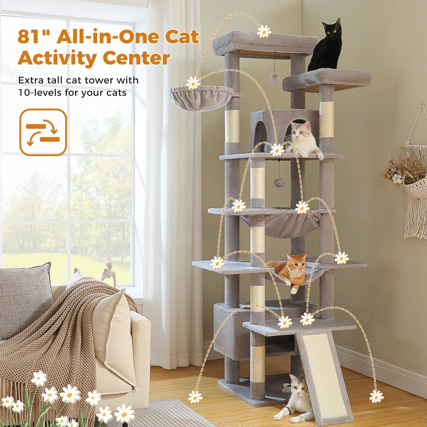 Multi Level Cat Tree Tower With Sisal Posts And Hammock