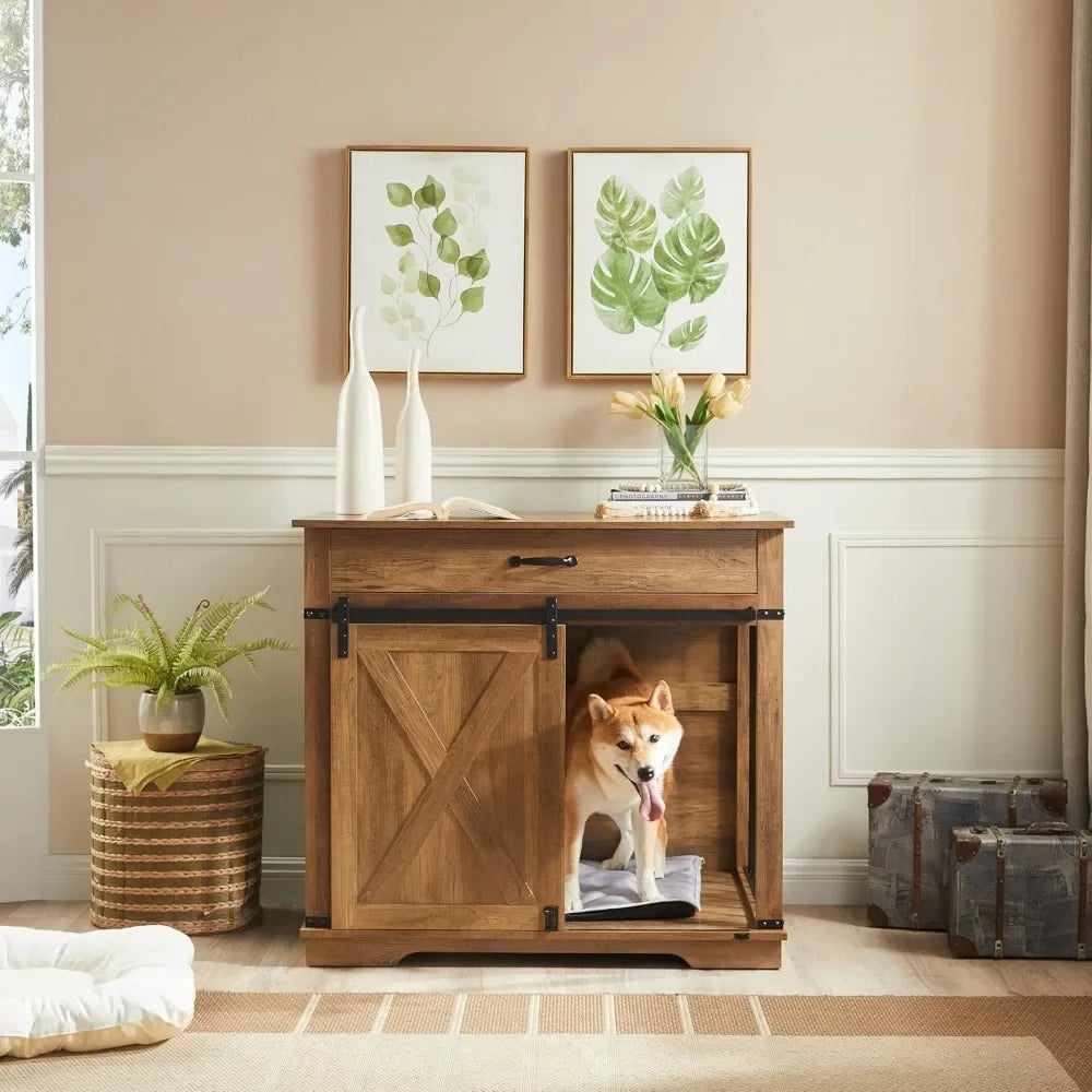 Farmhouse Style Dog Crate With Drawer And Sliding Barn Door