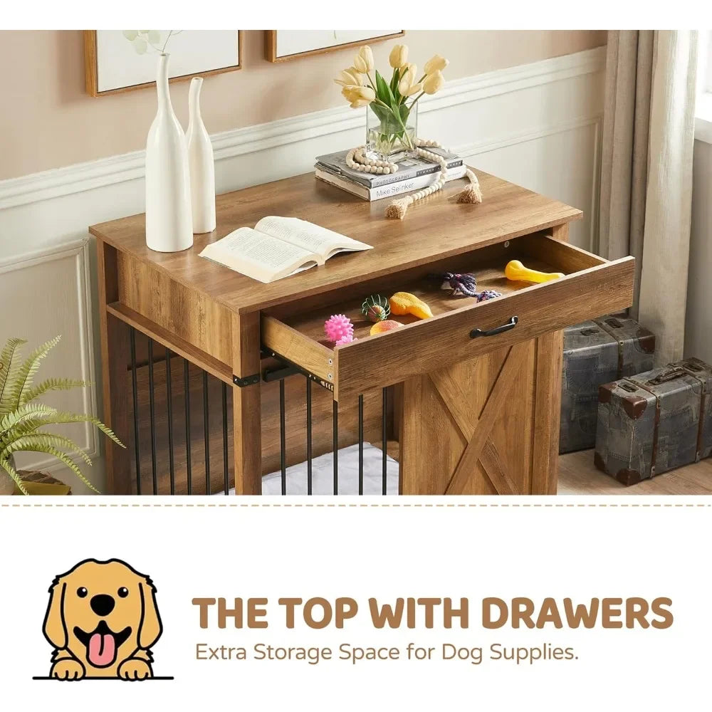 Farmhouse Style Dog Crate With Drawer And Sliding Barn Door