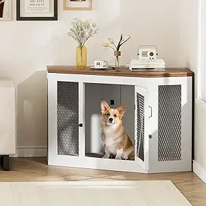 Corner Wood Dog Crate End Table With Mesh Kennel For Pets