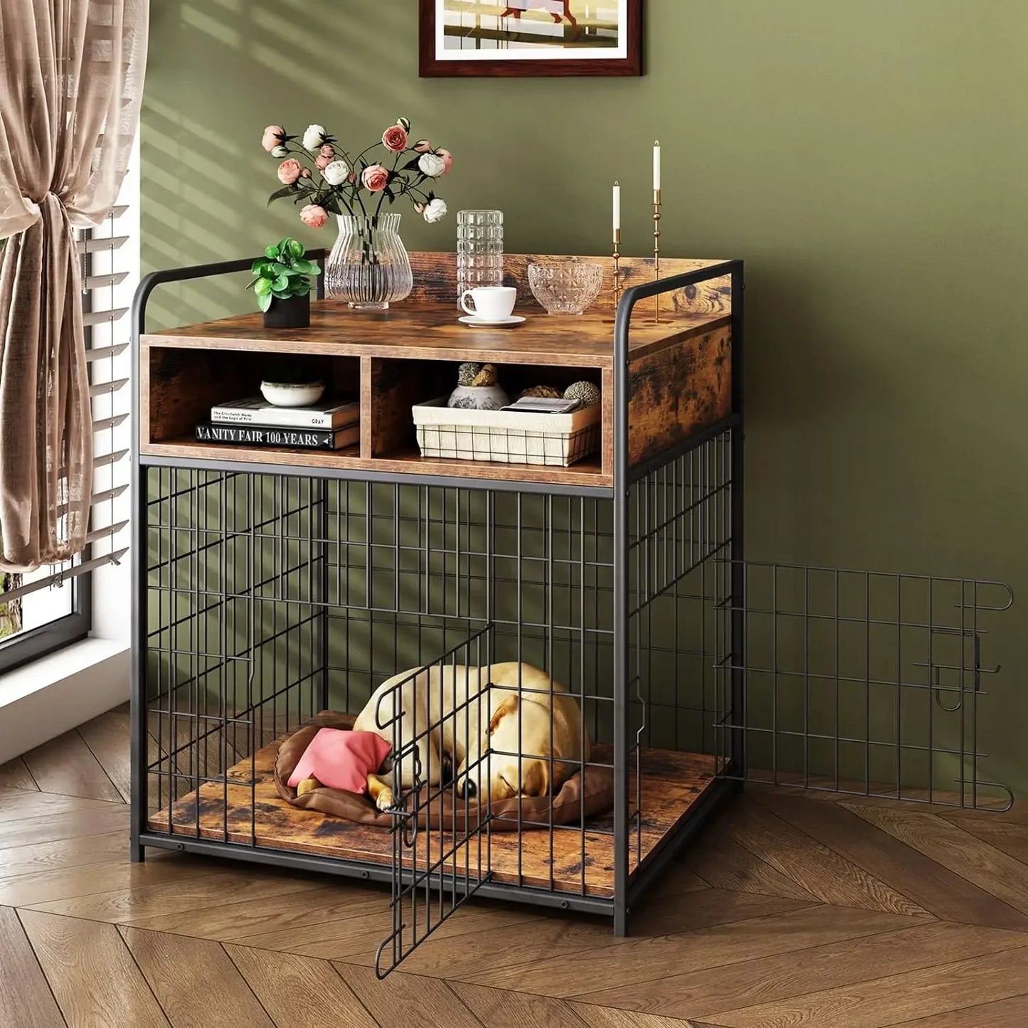 Large Wooden Dog Crate Table With Drawers And Storage
