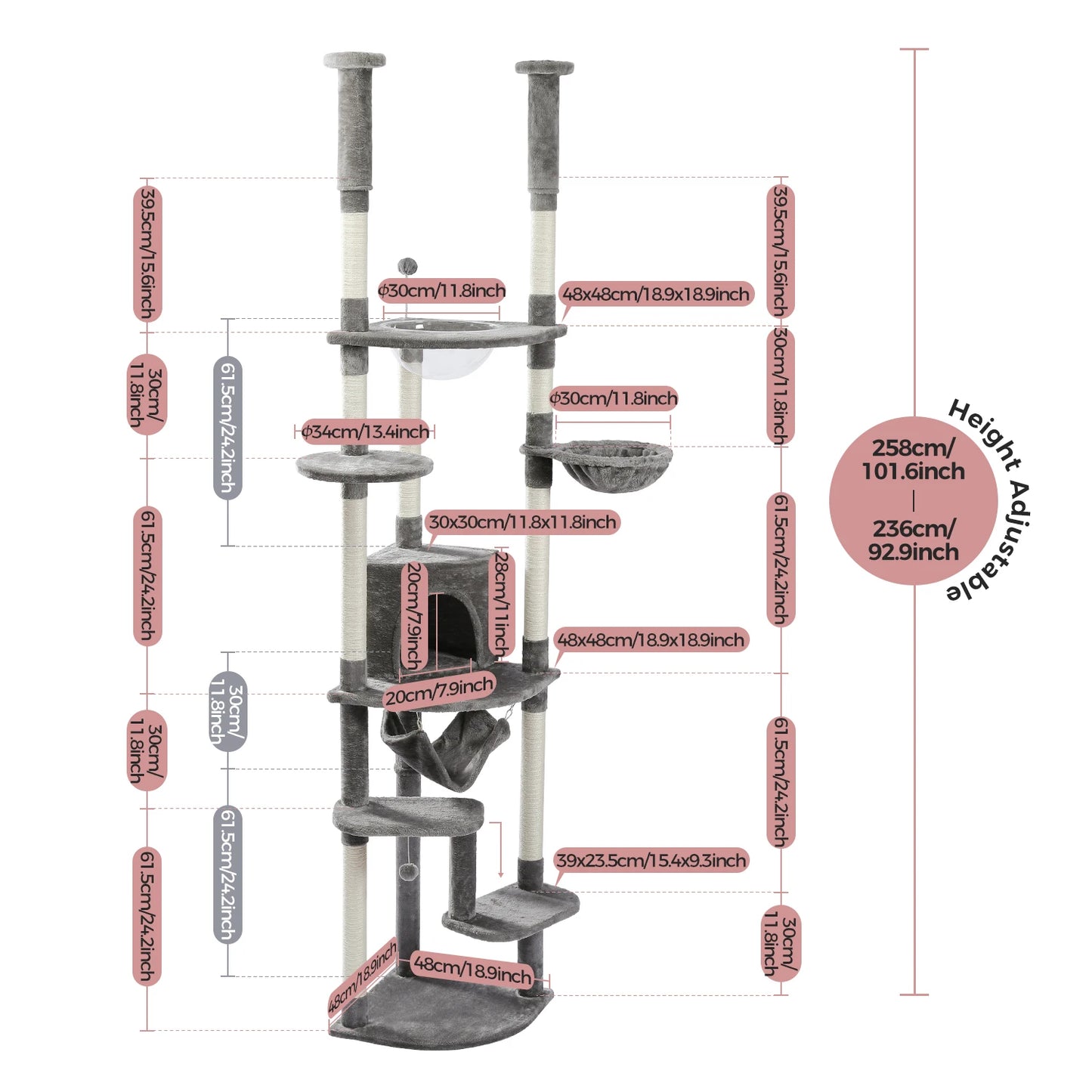 Multi Level Tall Cat Tree Floor to Ceiling With Hammock