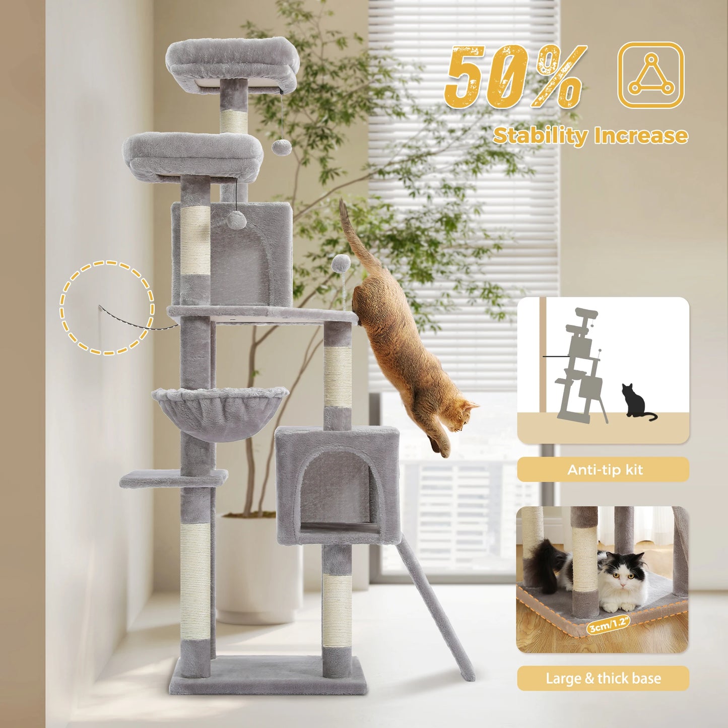 Multi Level Cat Tree Tower With Sisal Scratch Post Hammock