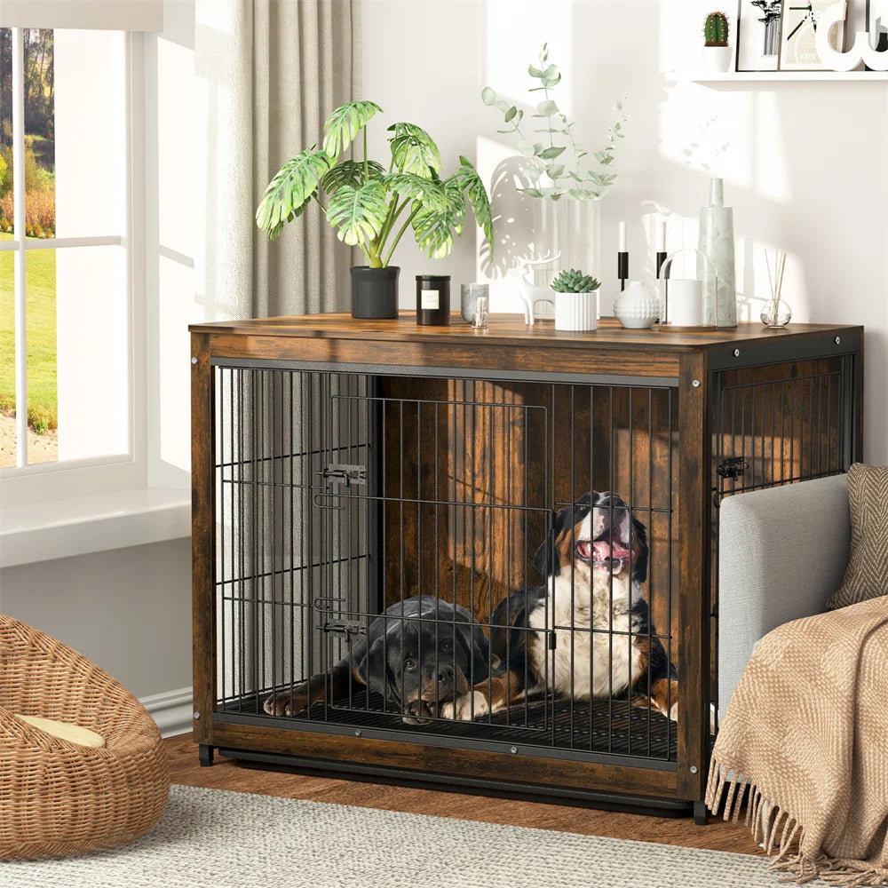 Large Elevated Wooden Dog Crate End Table With Double Doors