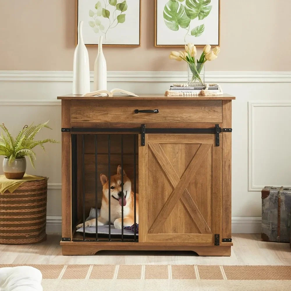 Farmhouse Style Dog Crate With Drawer And Sliding Barn Door