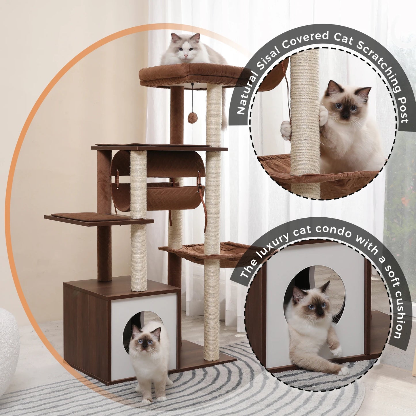 Modern Wooden Cat Tree With Tunnel And Scratching Post