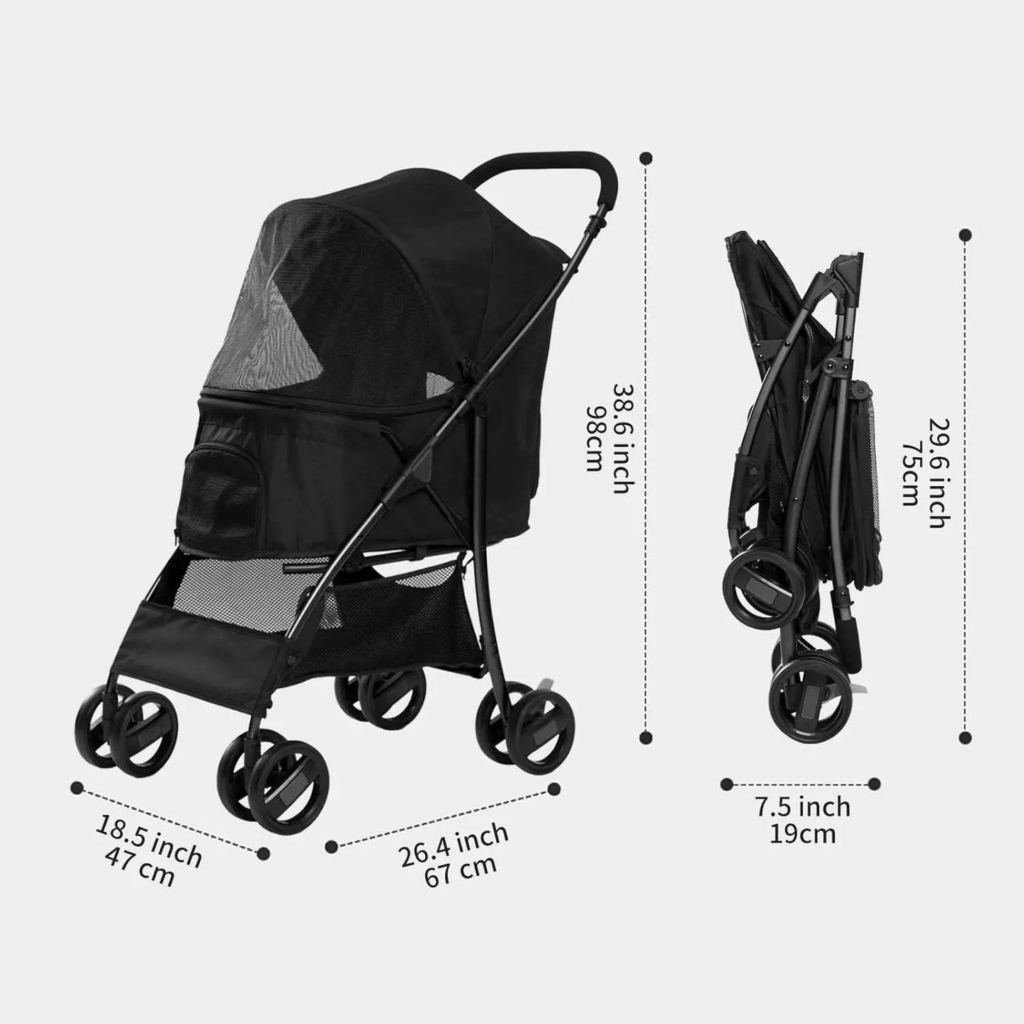 Foldable Pet Jogger Stroller With Weather Cover And Basket