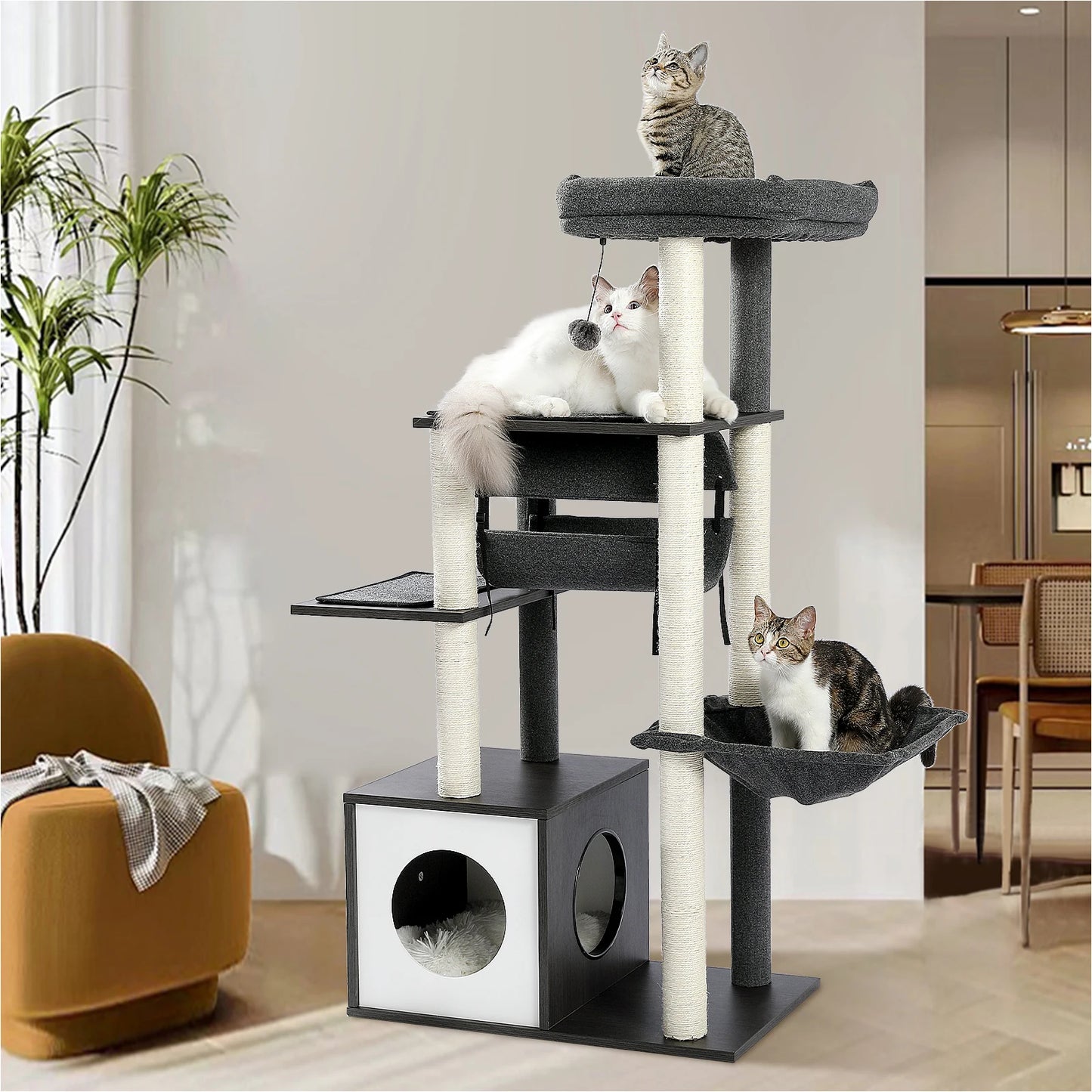 Modern Wooden Cat Tree With Tunnel And Scratching Post
