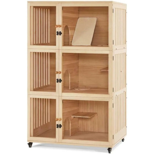 Wooden Cat House Villa Luxury Triple Cat Condo With Pad