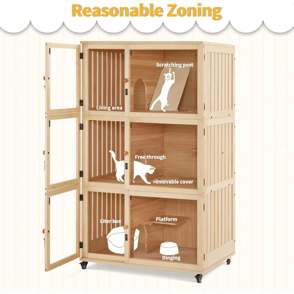 Wooden Cat House Villa Luxury Triple Cat Condo With Pad