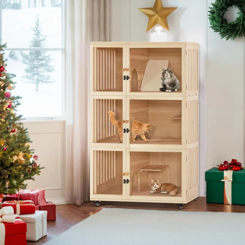 Wooden Cat House Villa Luxury Triple Cat Condo With Pad