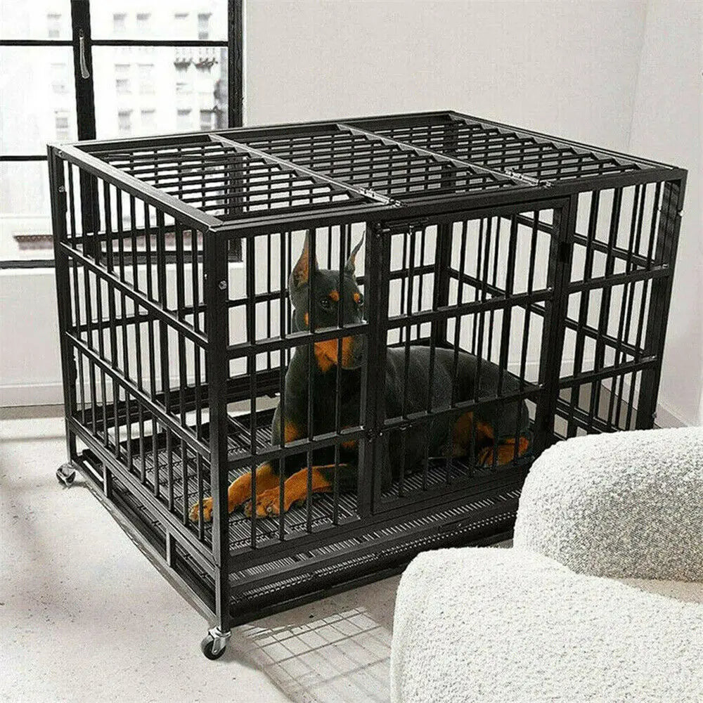 XXL Heavy Duty Dog Crate With 4 Lockable Wheels 3 Doors