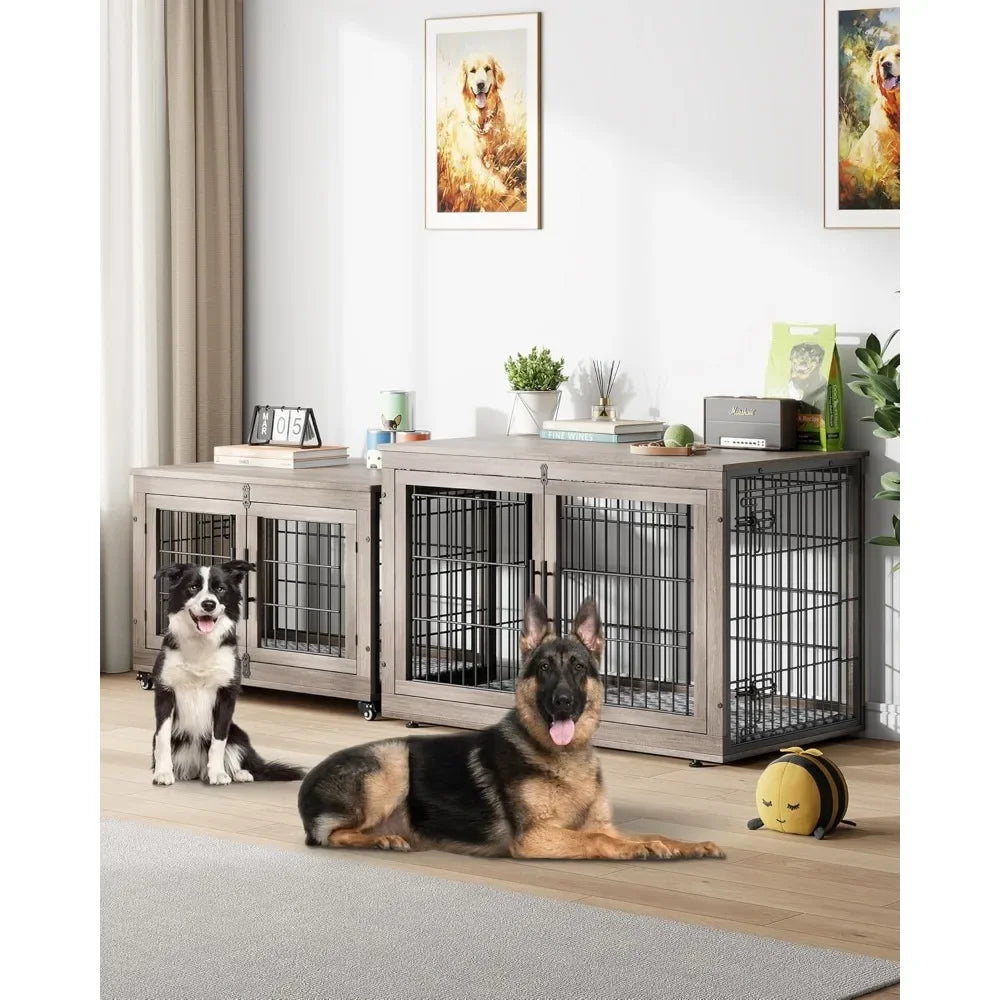 Wooden Dog Crate End Table With Cushion And Wheels Durable