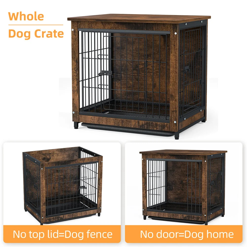 Large Elevated Wooden Dog Crate End Table With Double Doors