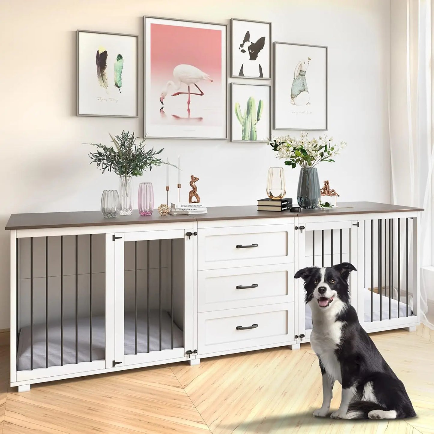 Farmhouse Style Dog Crate Double Doors With Locks White
