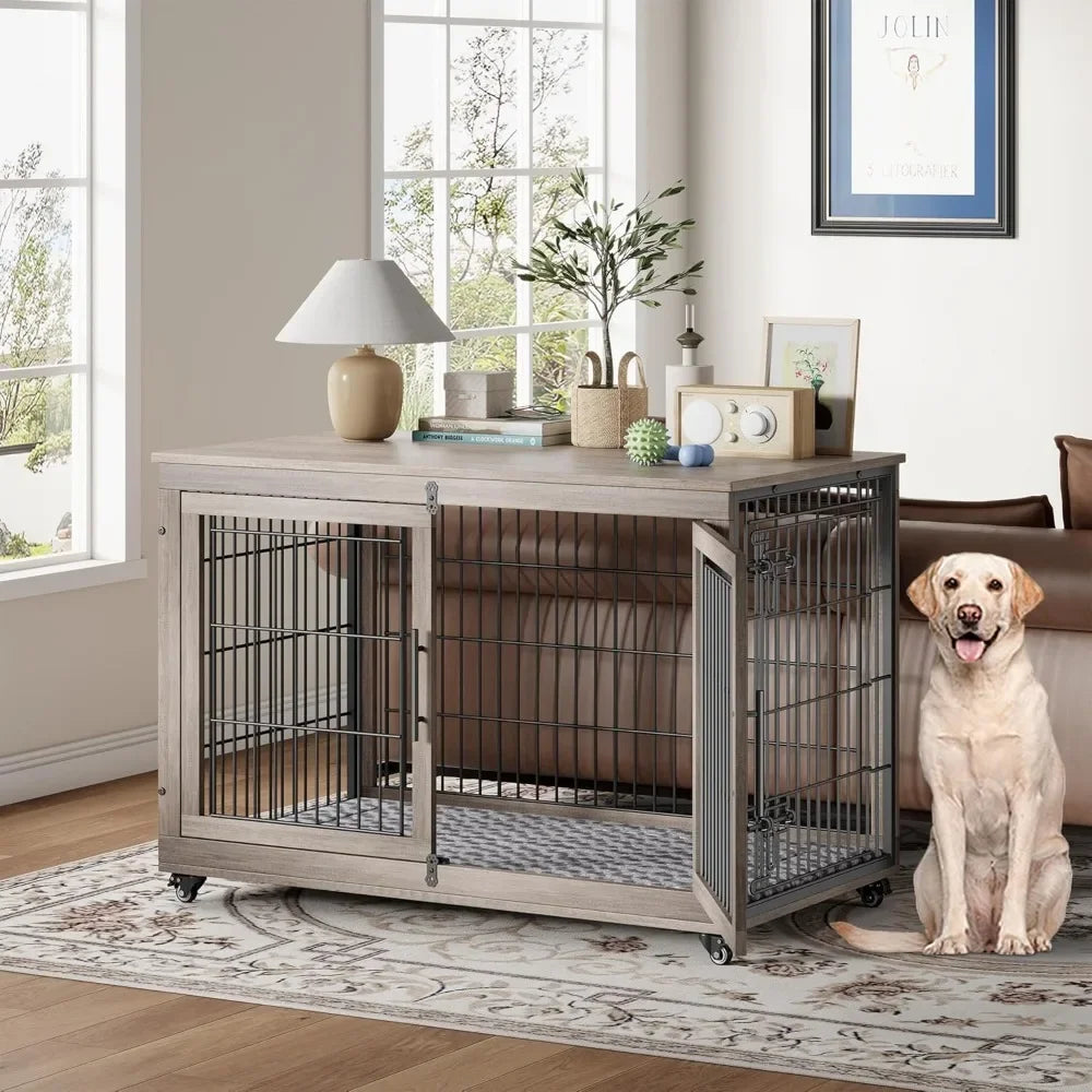 Wooden Dog Crate End Table With Cushion And Wheels Durable
