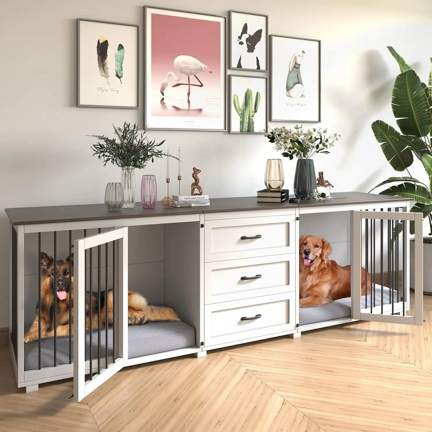 Farmhouse Style Dog Crate Double Doors With Locks White