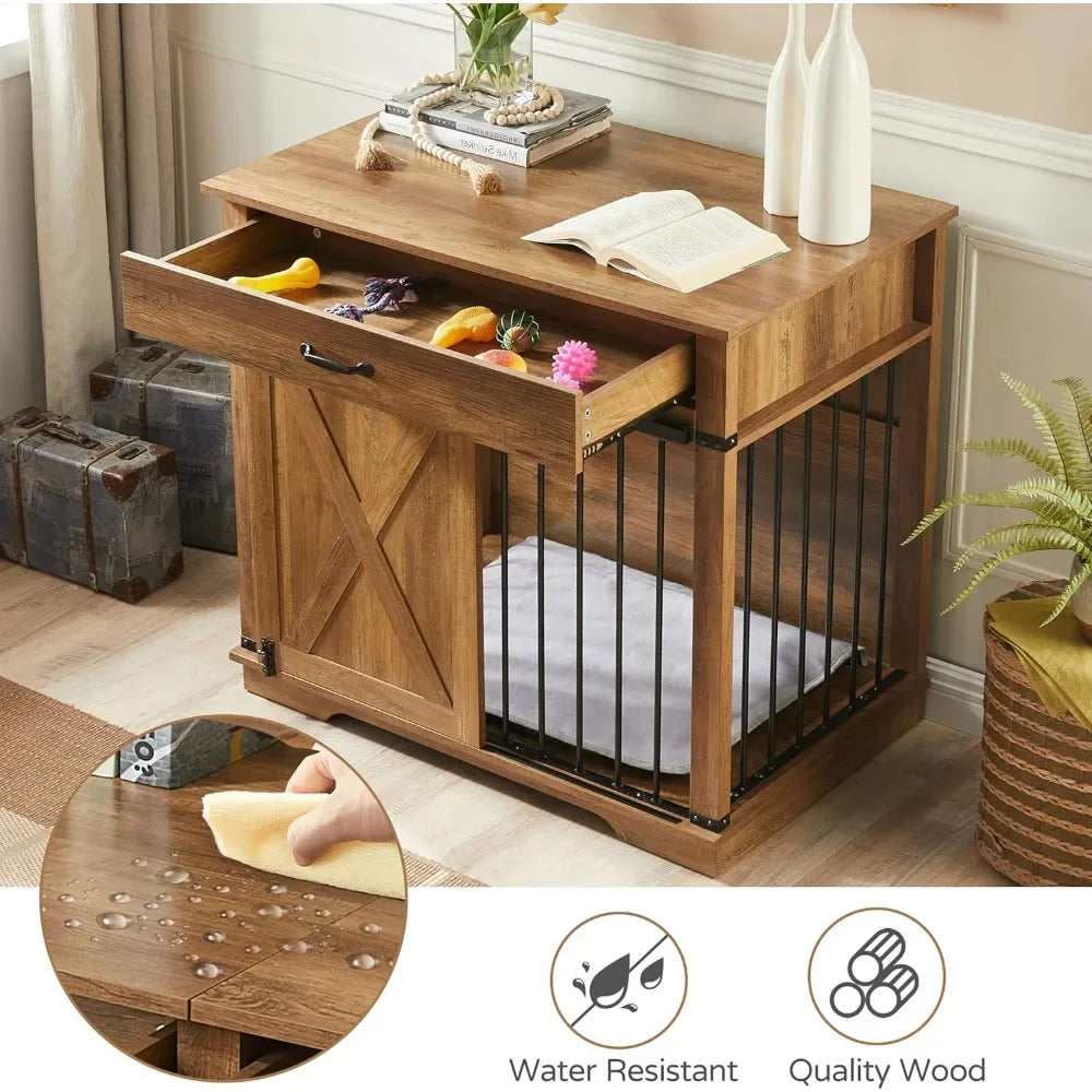 Farmhouse Style Dog Crate With Drawer And Sliding Barn Door