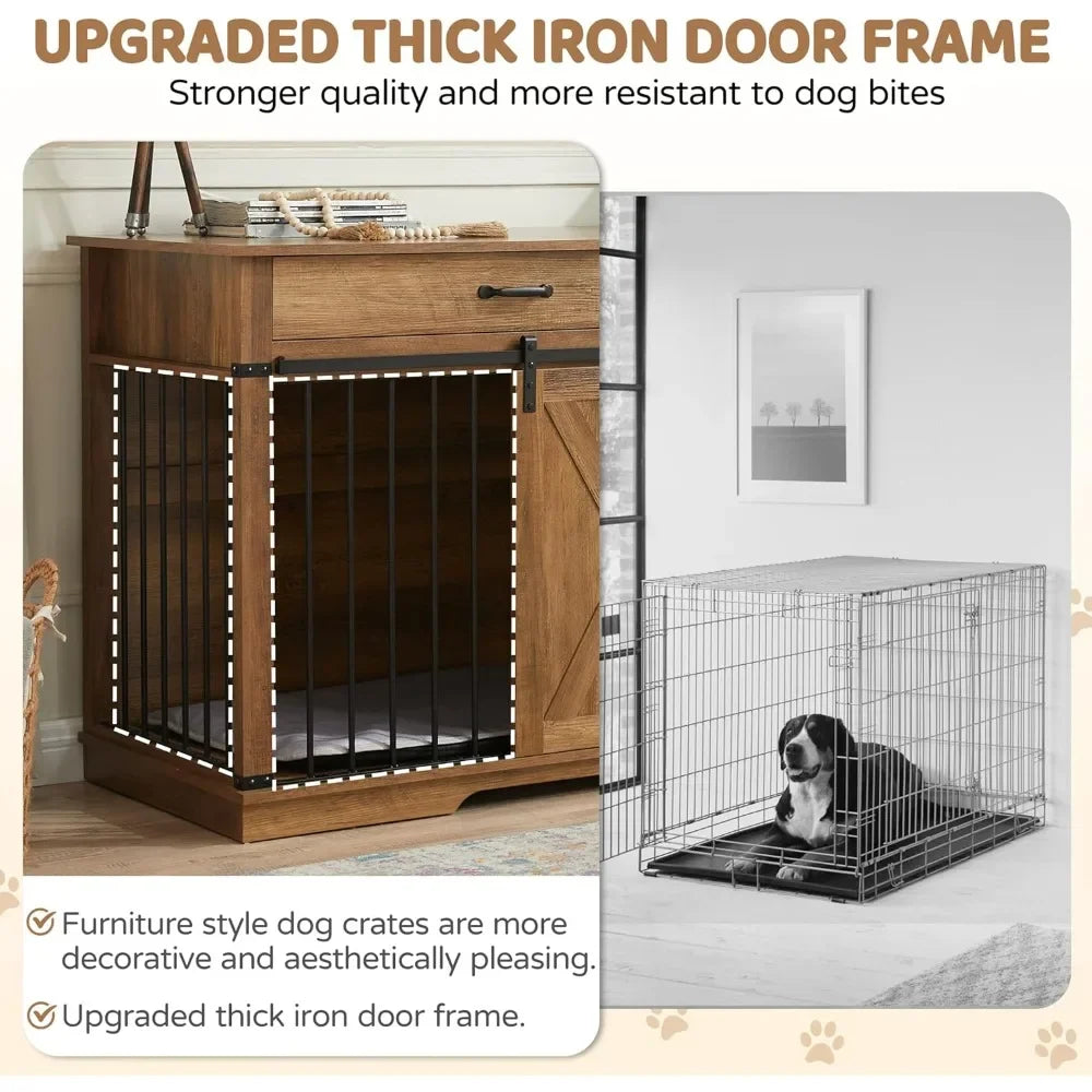 Farmhouse Style Dog Crate With Drawer And Sliding Barn Door