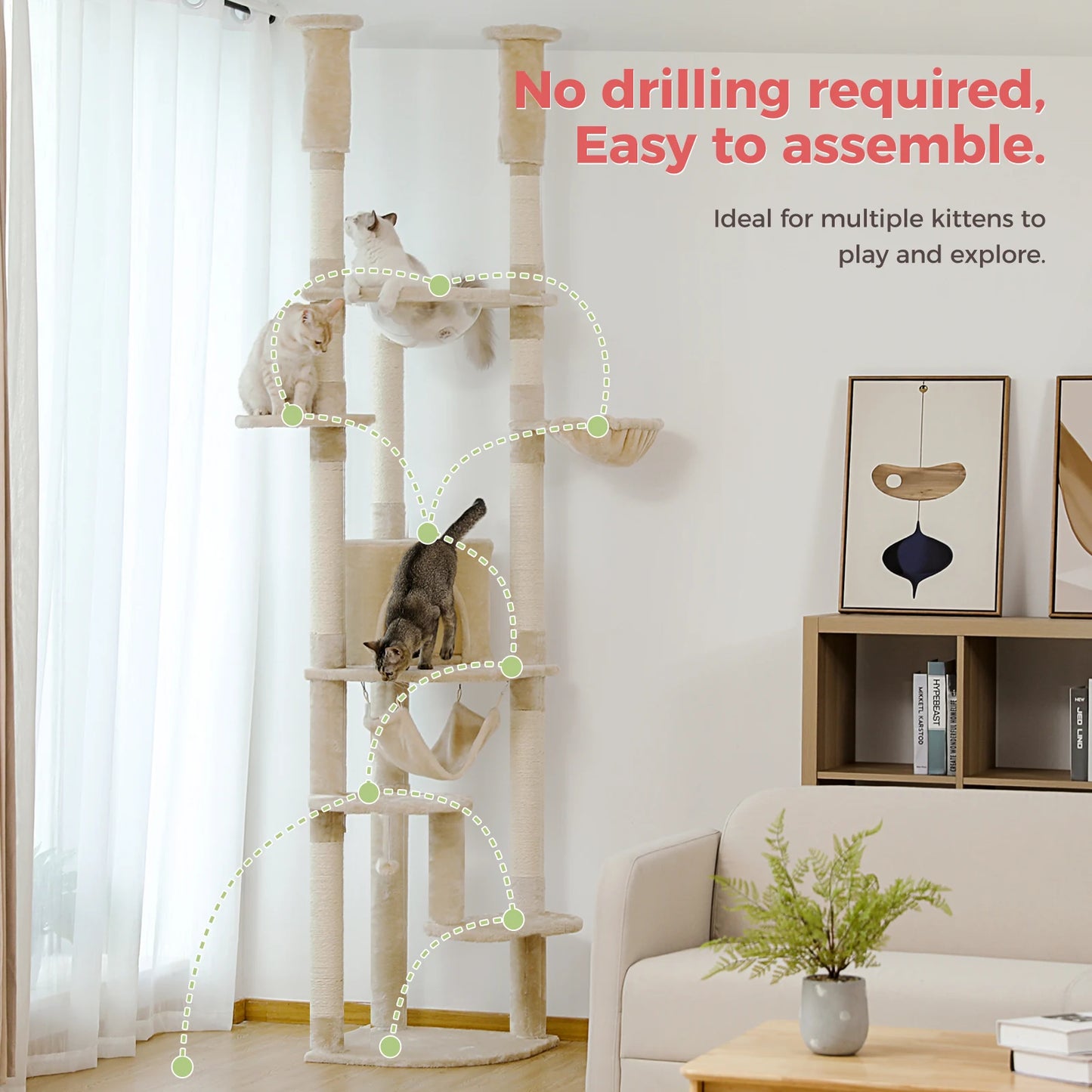 Tall Floor Ceiling Cat Tree with Scratching Posts Hammock