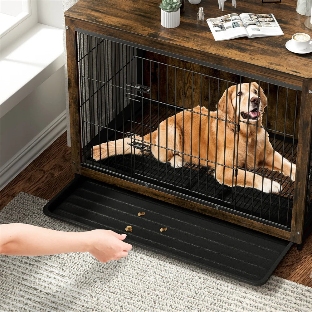 Large Elevated Wooden Dog Crate End Table With Double Doors