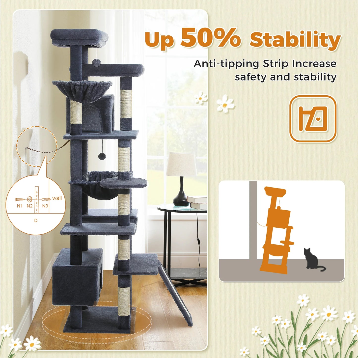 Multi Level Cat Tree Tower With Sisal Posts And Hammock