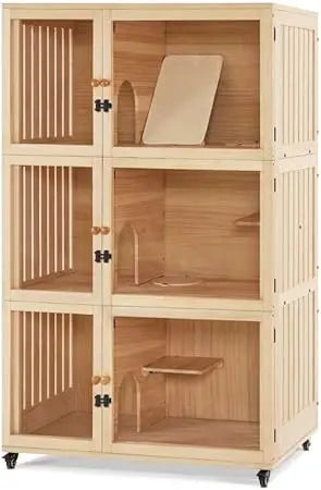 Wooden Cat House Villa Luxury Triple Cat Condo With Pad