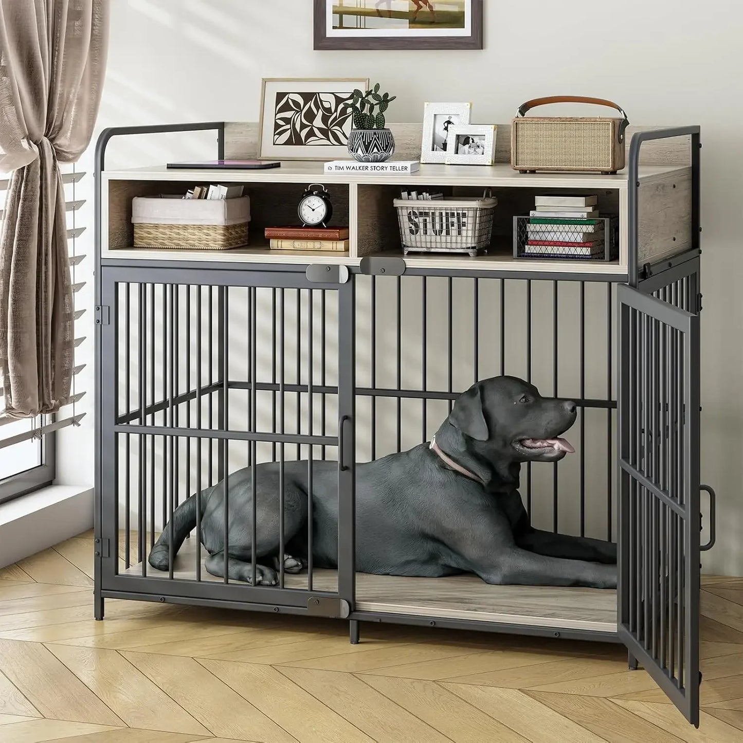 Large Wooden Dog Crate Table With Drawers And Storage