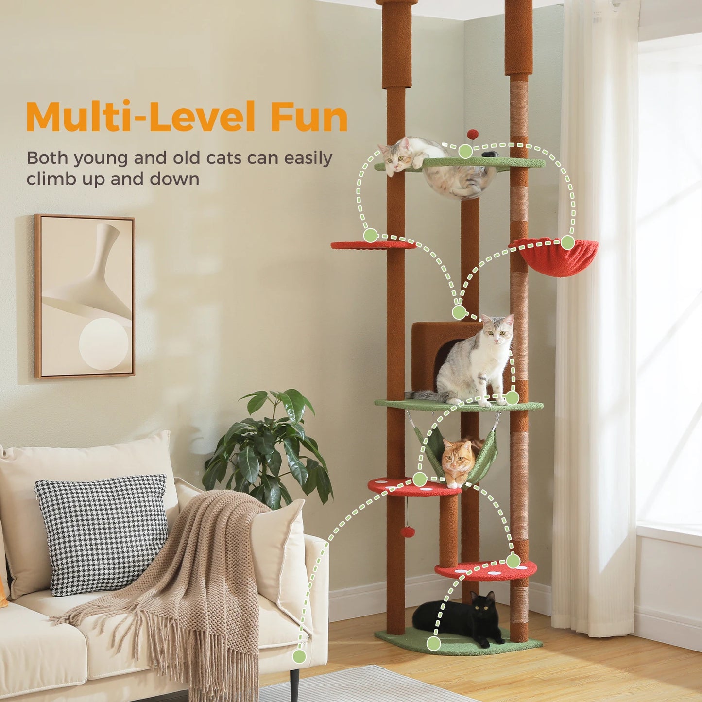 Multi Level Tall Cat Tree Floor to Ceiling With Hammock