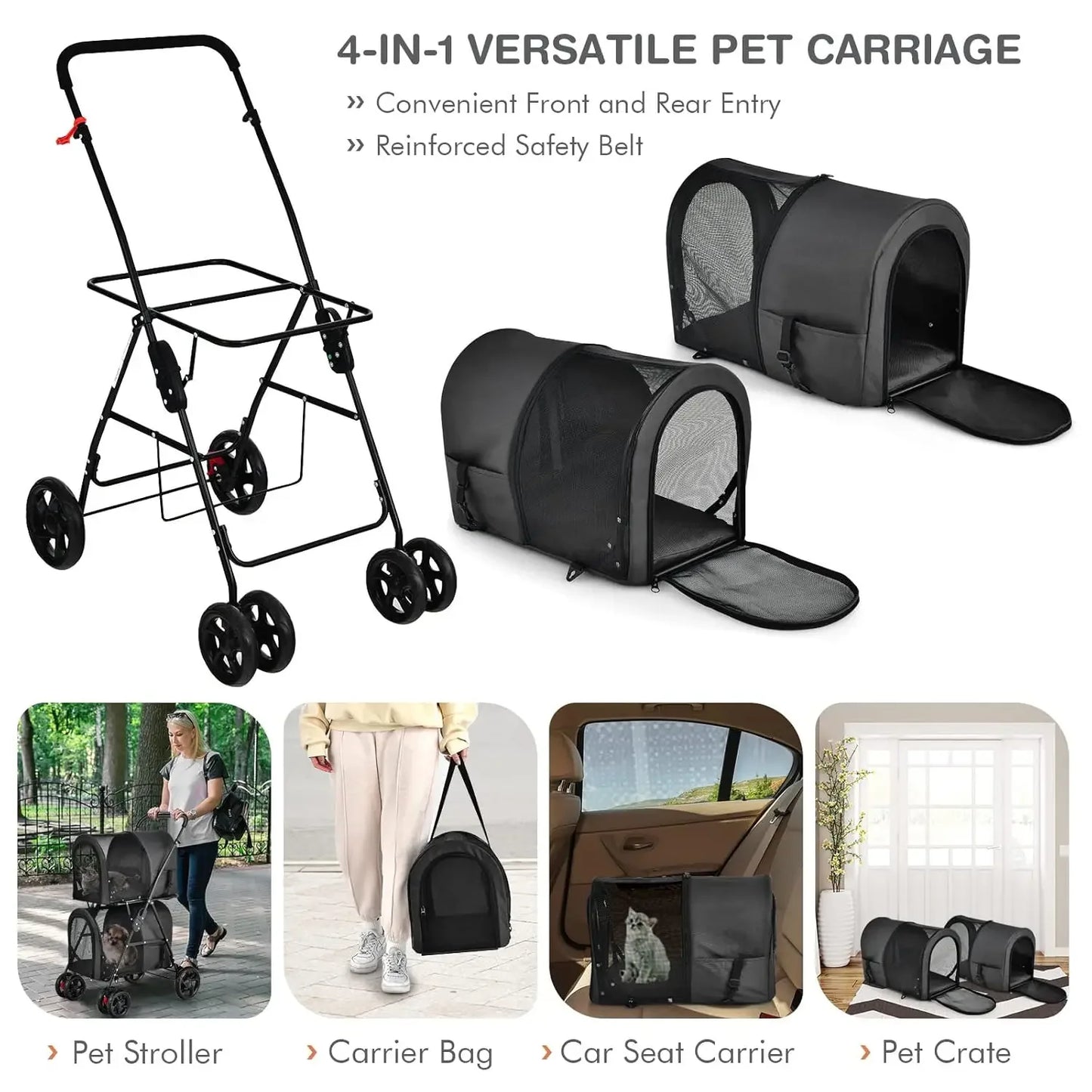 Double Pet Stroller With Two Detachable Carrier Bags