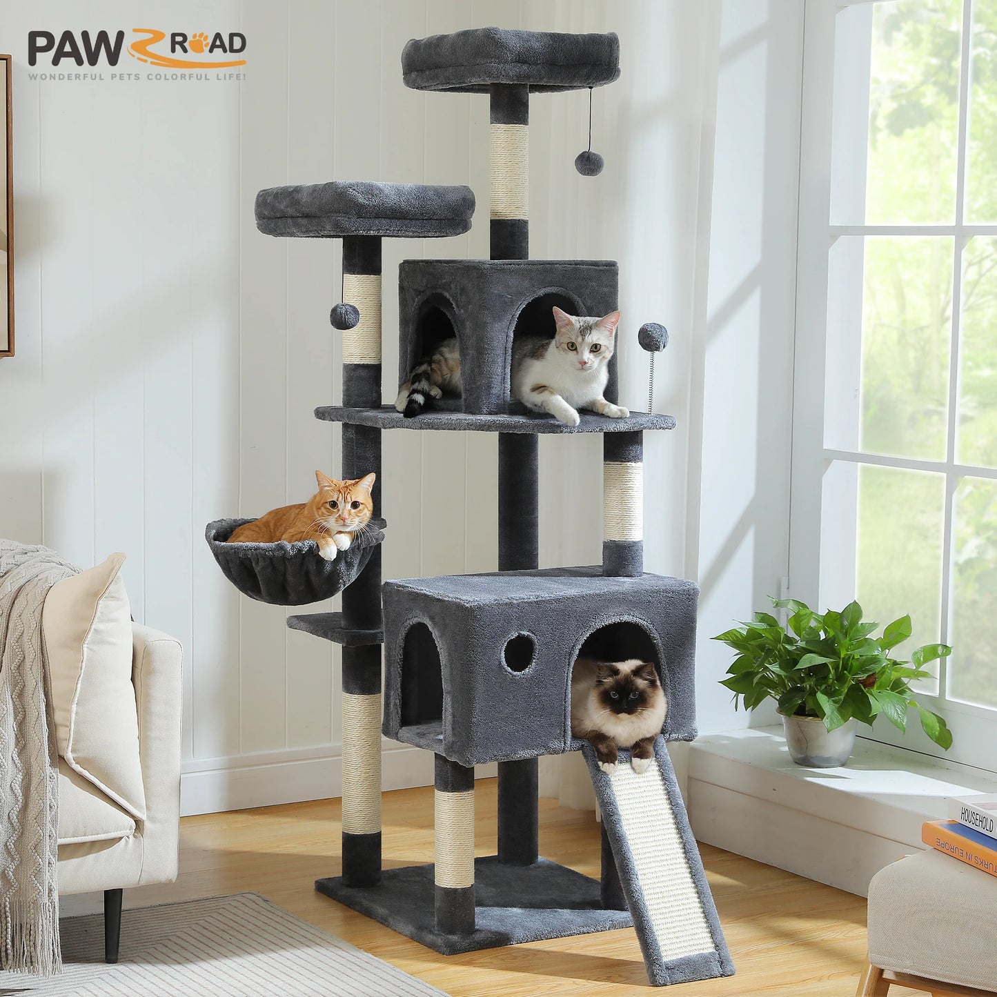 Multi Level Cat Tree Tower With Sisal Scratch Post Hammock
