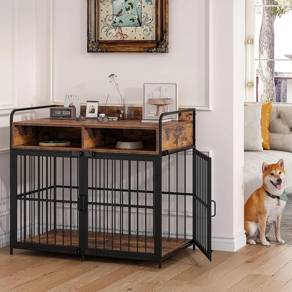 Large Wooden Dog Crate Table With Drawers And Storage