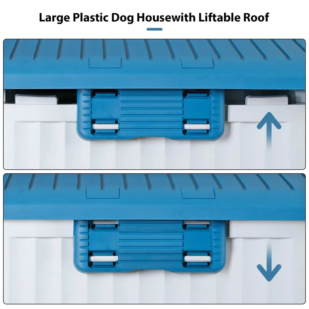 Blue Plastic Dog House With Liftable Roof Detachable Base