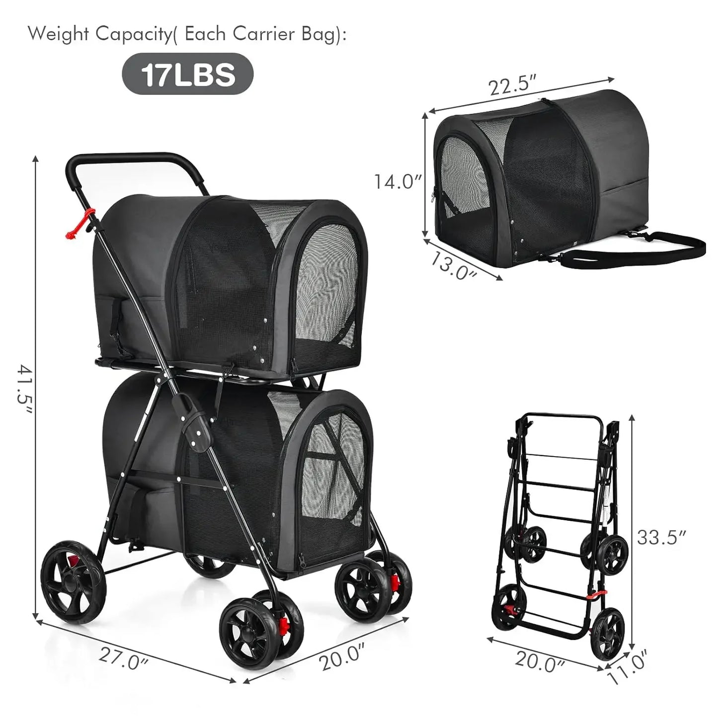 Double Pet Stroller With Two Detachable Carrier Bags
