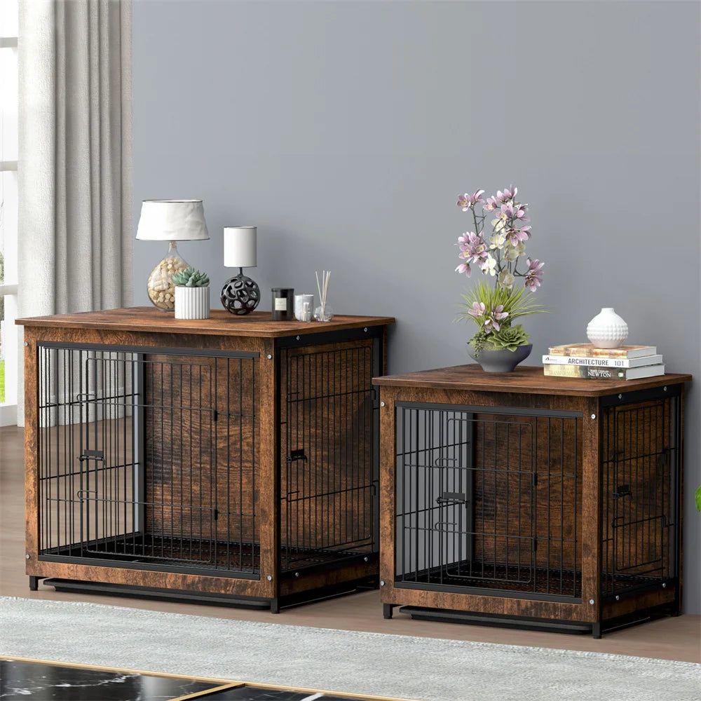 Large Elevated Wooden Dog Crate End Table With Double Doors